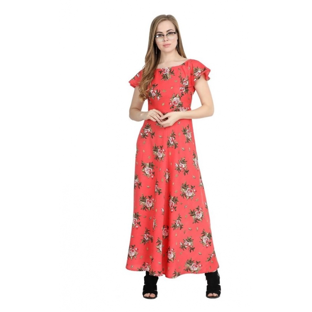 Generic Women's Crepe Floral Half Sleeves Full Length Gown(Red) Generic Women's Crepe Floral Half Sleeves Full Length Gown(Red)