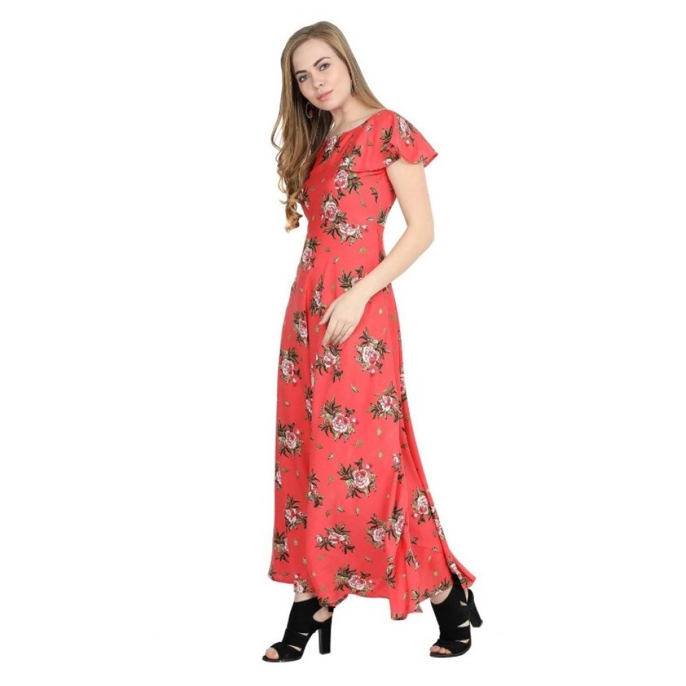 Generic Women's Crepe Floral Half Sleeves Full Length Gown(Red) Generic Women's Crepe Floral Half Sleeves Full Length Gown(Red)