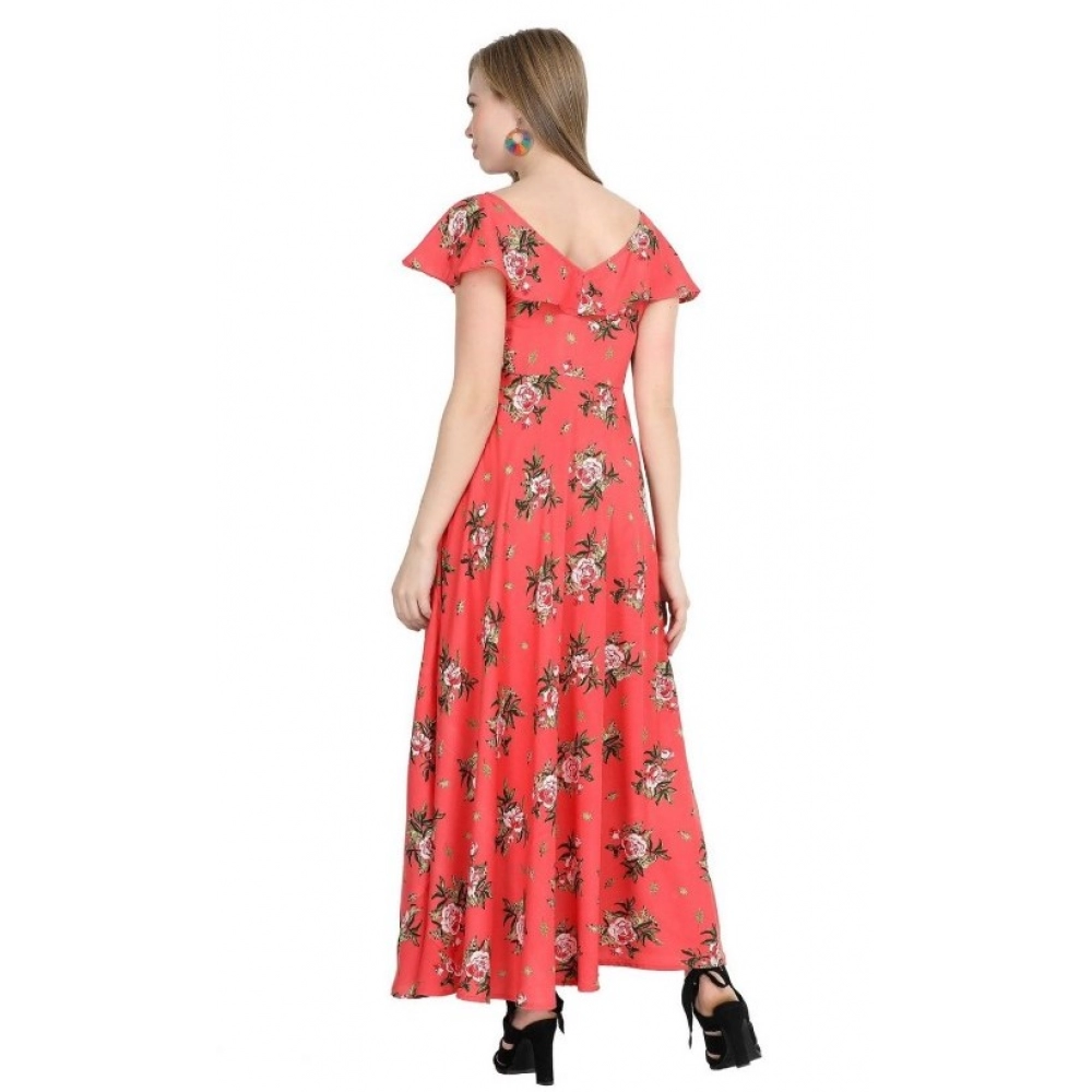 Generic Women's Crepe Floral Half Sleeves Full Length Gown(Red) Generic Women's Crepe Floral Half Sleeves Full Length Gown(Red)