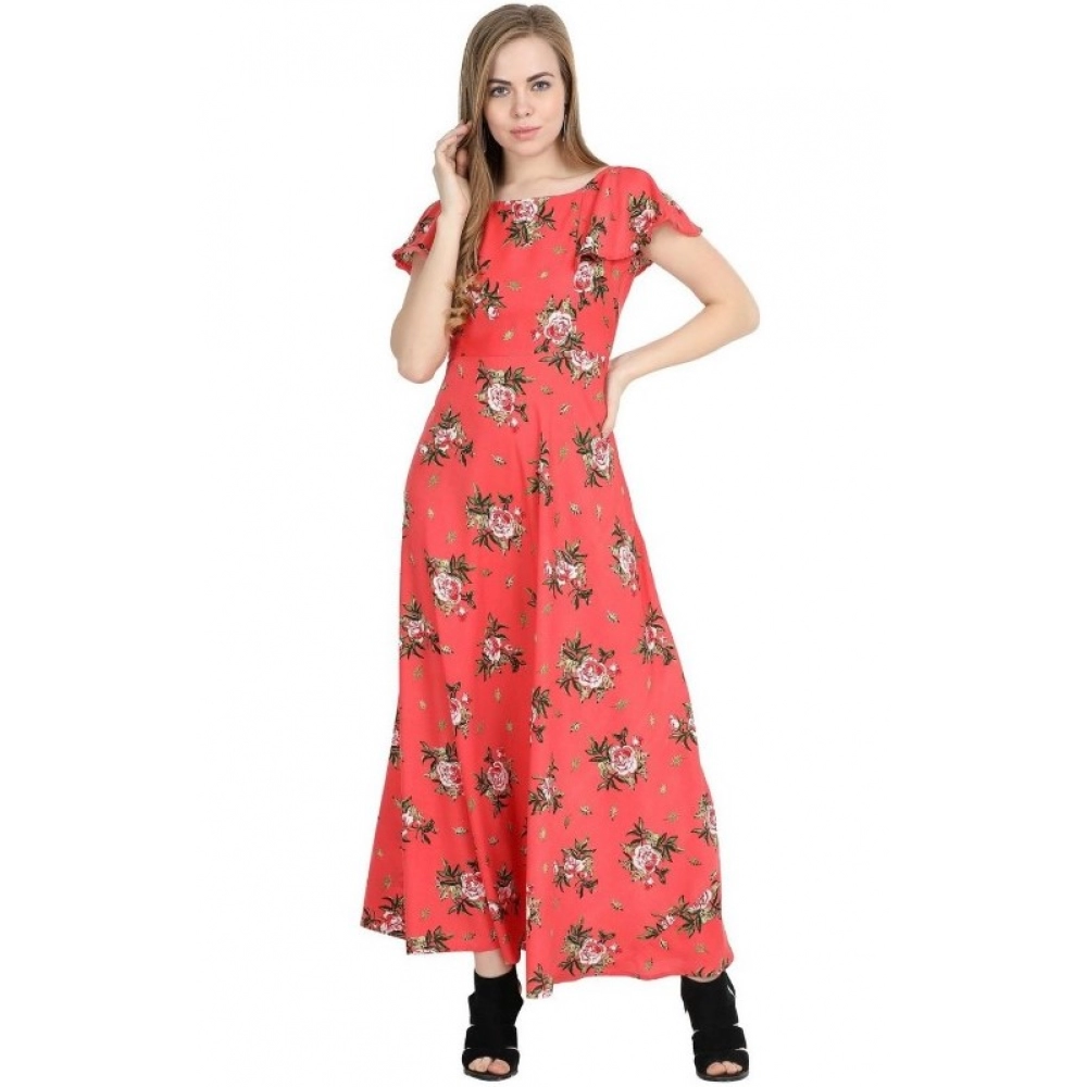 Generic Women's Crepe Floral Half Sleeves Full Length Gown(Red) Generic Women's Crepe Floral Half Sleeves Full Length Gown(Red)