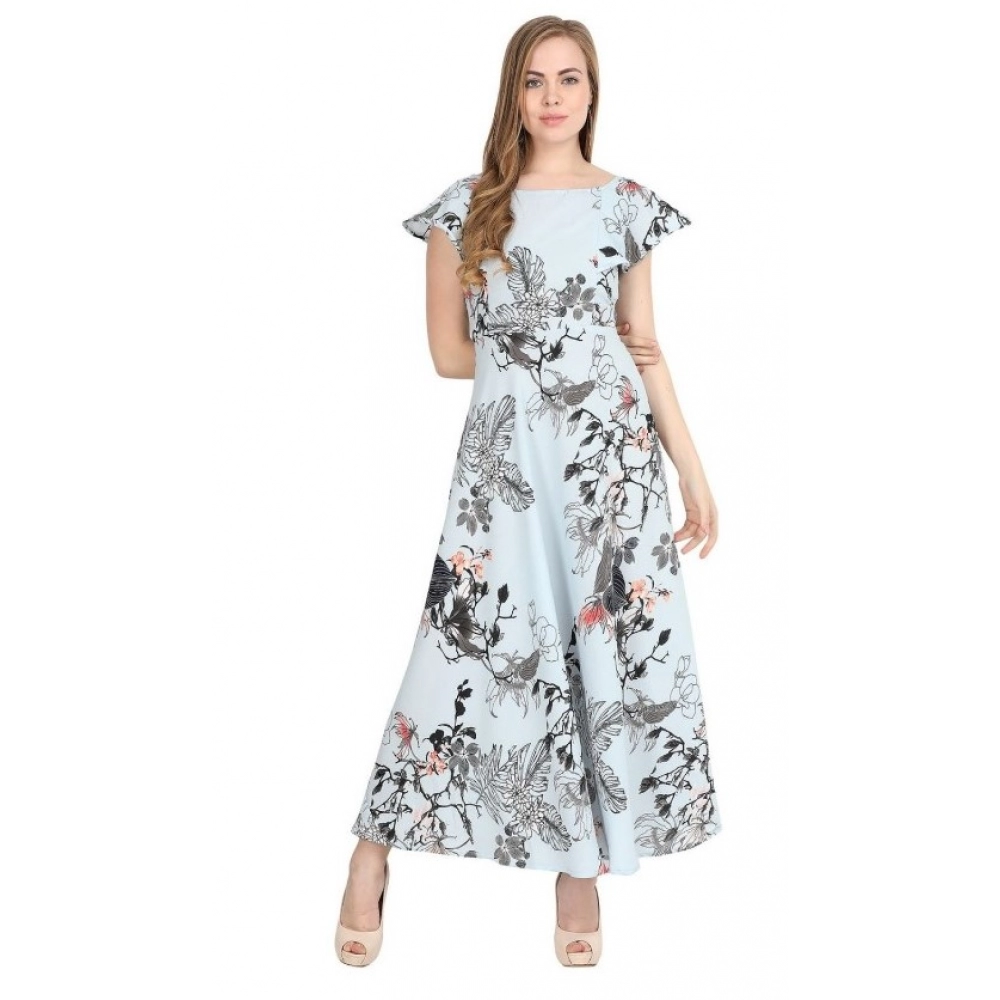 Generic Women's Crepe Floral Half Sleeves Full Length Gown(Blue)