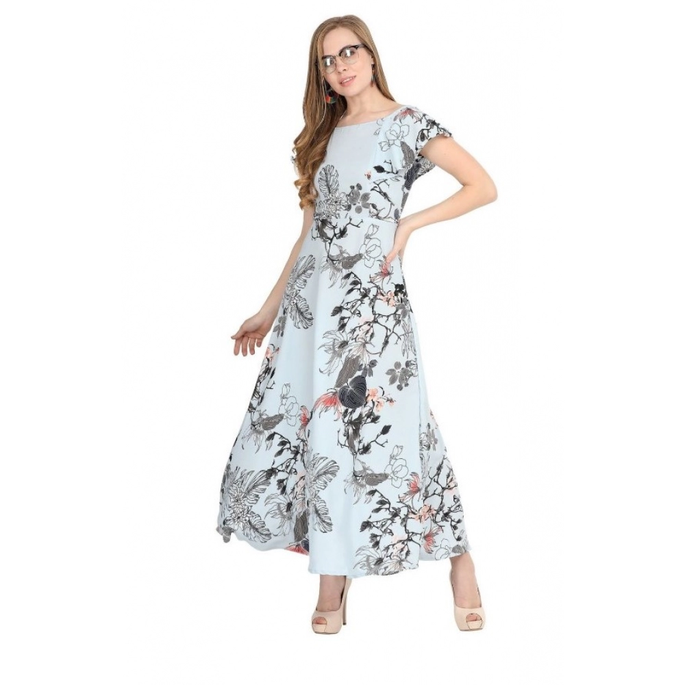 Generic Women's Crepe Floral Half Sleeves Full Length Gown(Blue)