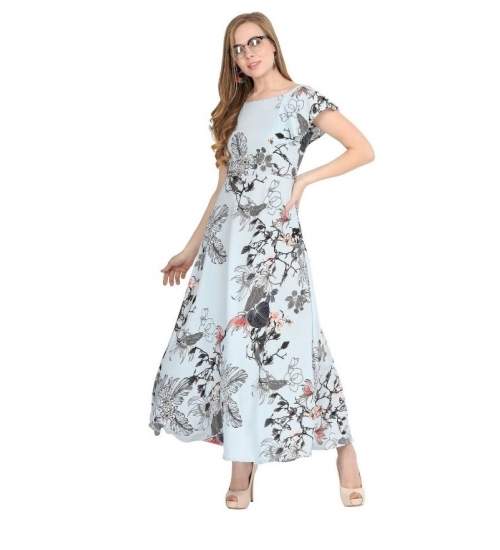 Generic Women's Crepe Floral Half Sleeves Full Length Gown(Blue)