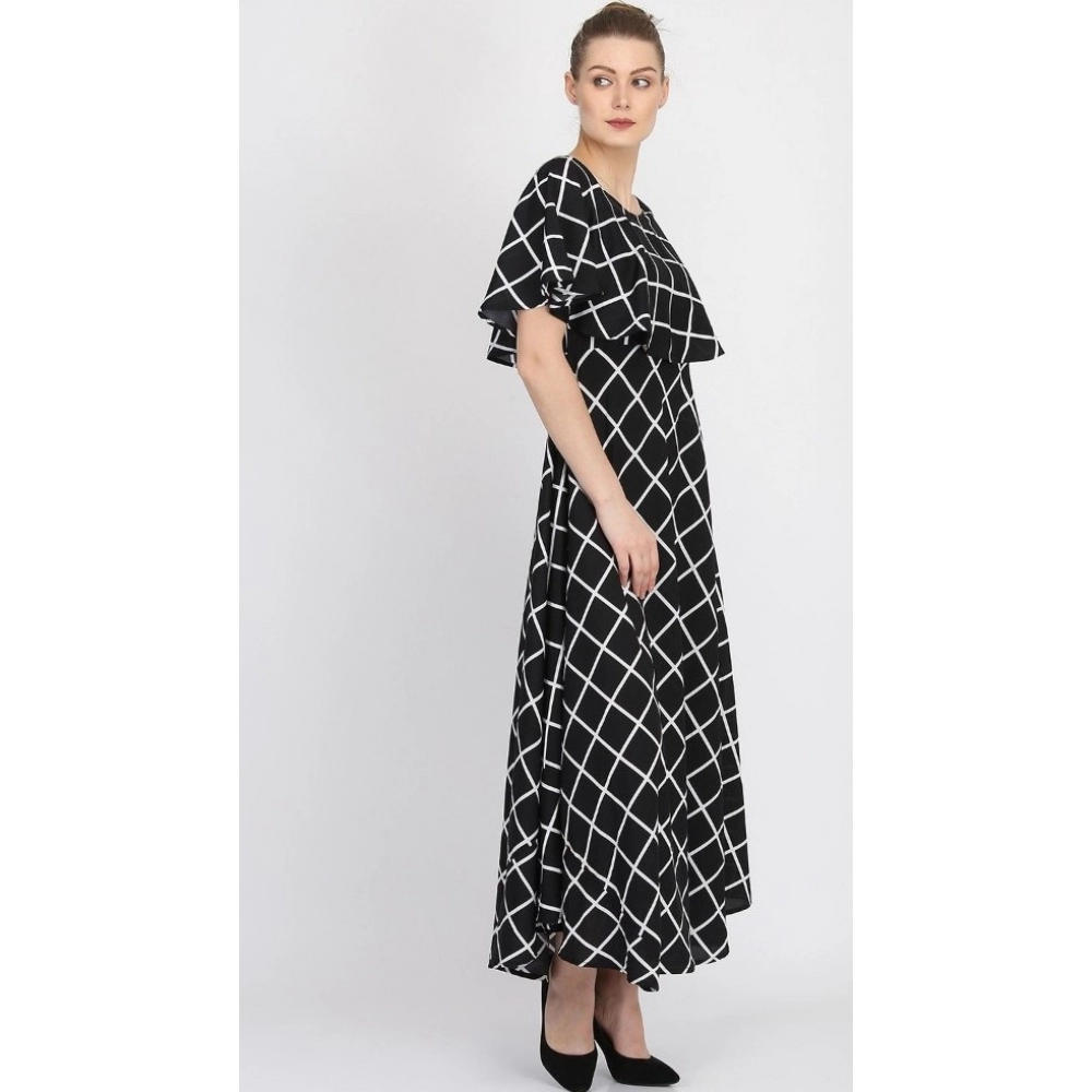 Generic Women's Crepe Checked Half Sleeves Full Length Gown(Black) Generic Women's Crepe Checked Half Sleeves Full Length Gown(Black)
