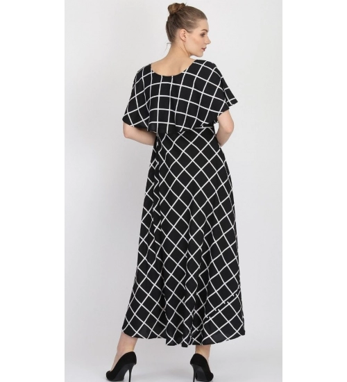 Generic Women's Crepe Checked Half Sleeves Full Length Gown(Black)