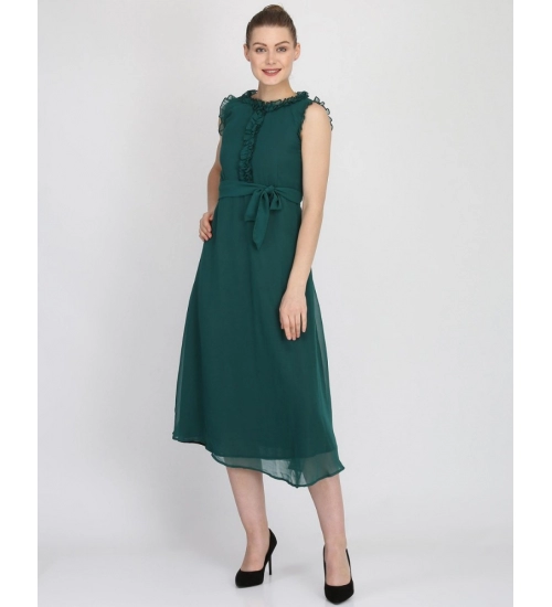 Generic Women's Georgette Solid Sleeveless Full Length Gown(Green)