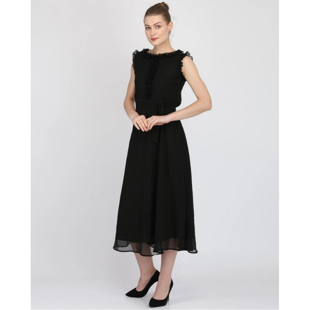 Generic Women's Georgette Solid Sleeveless Full Length Gown(Black)