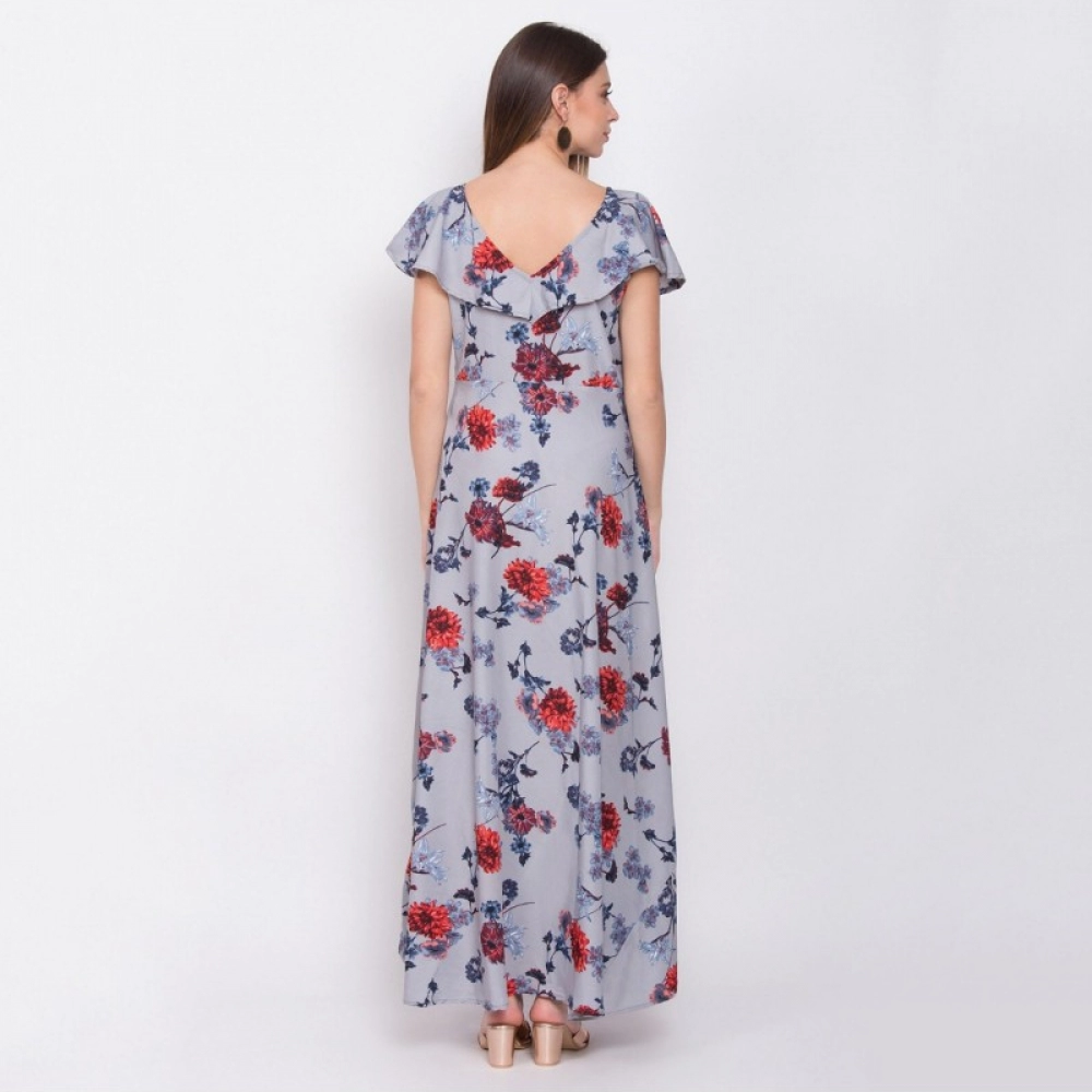 Generic Women's Crepe Floral Sleeveless Full Length Gown(Grey)