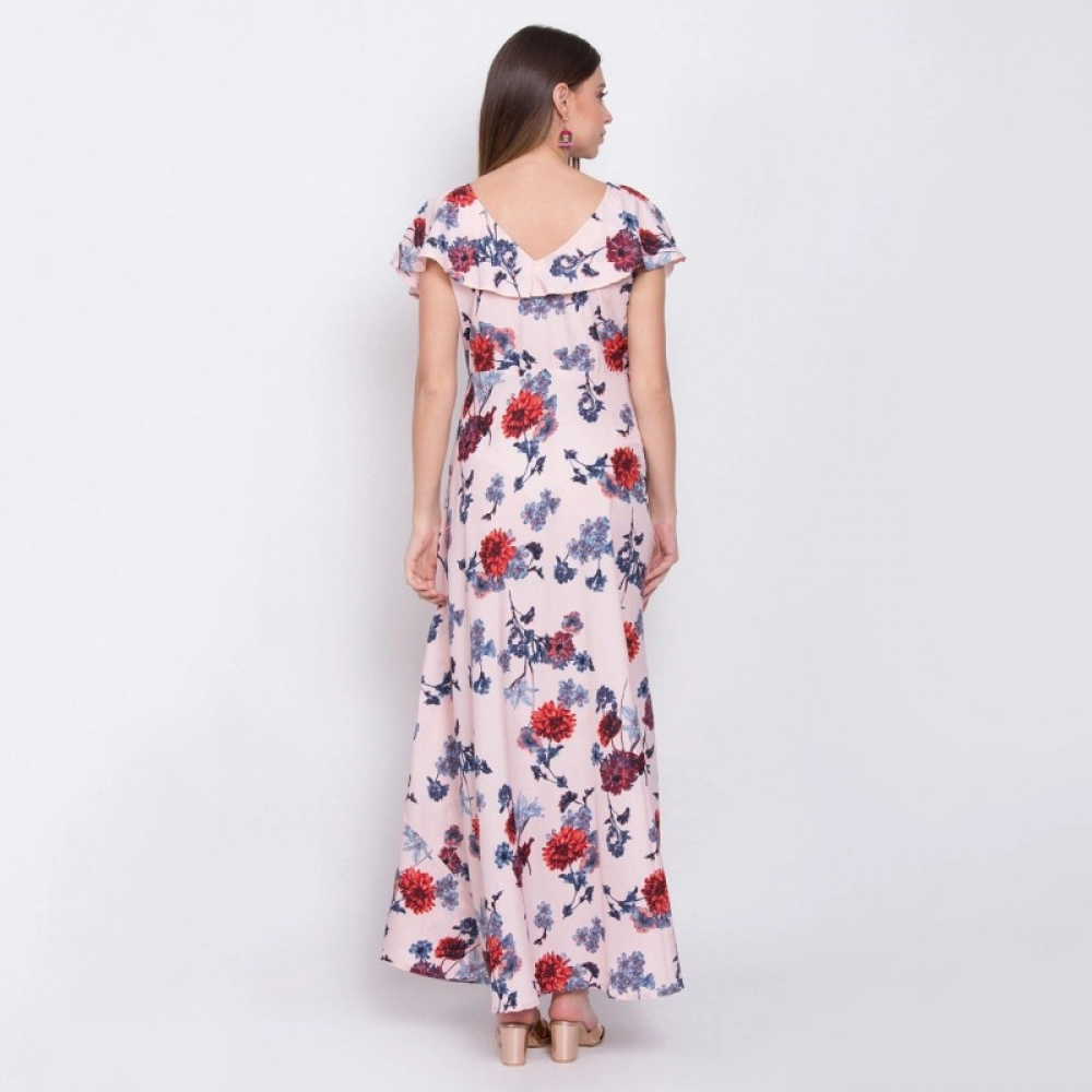 Generic Women's Crepe Floral Sleeveless Full Length Gown(Peach) Generic Women's Crepe Floral Sleeveless Full Length Gown(Peach)