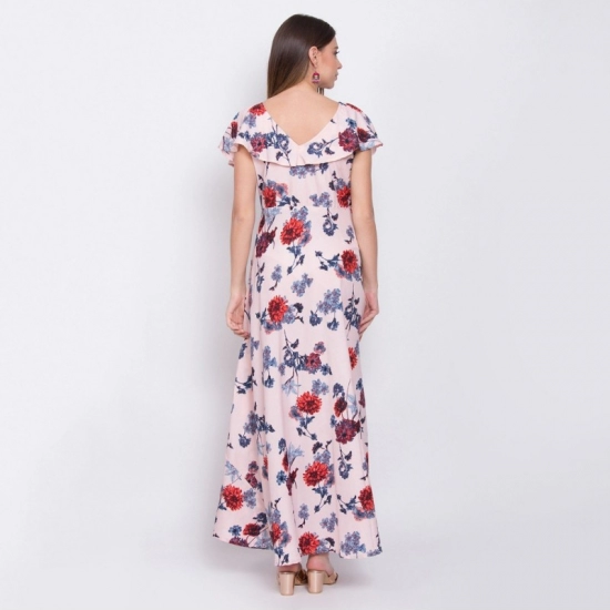 Generic Women's Crepe Floral Sleeveless Full Length Gown(Peach)