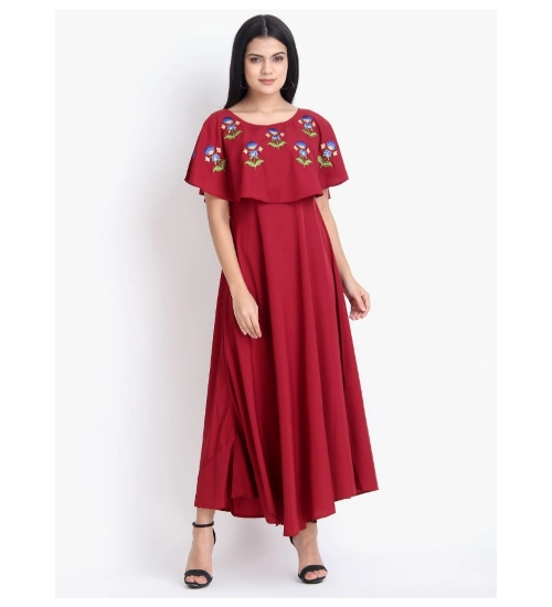 Generic Women's Crepe Embroidery Pattern Sleeveless Full Length Gown(Red)