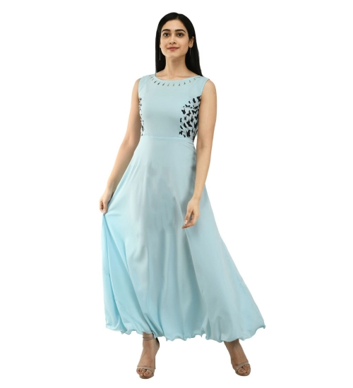 Generic Women's Crepe Solid Sleeveless Full Length Gown(Light Blue)