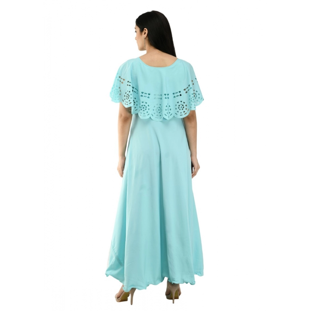 Generic Women's Crepe Solid Sleeveless Full Length Gown(Light Blue)