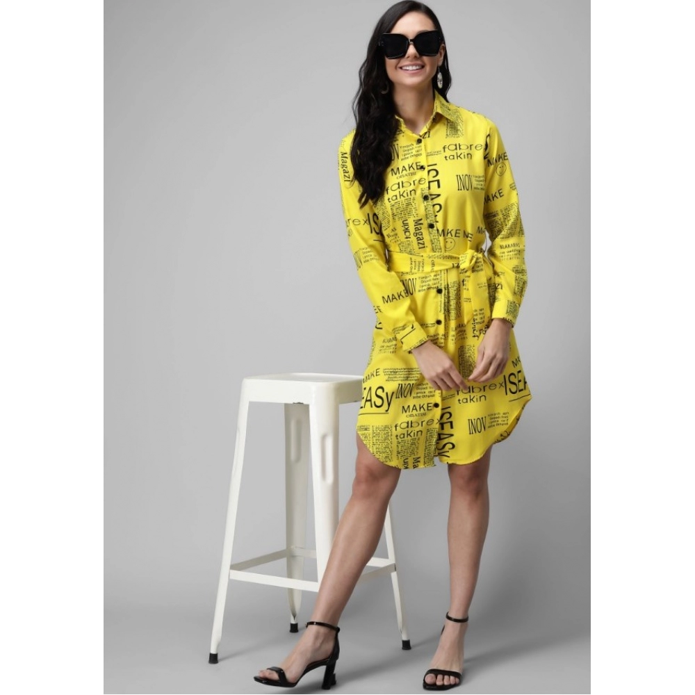 Generic Women's Crepe Paper Print Full Sleeve Short Tops(Yellow)