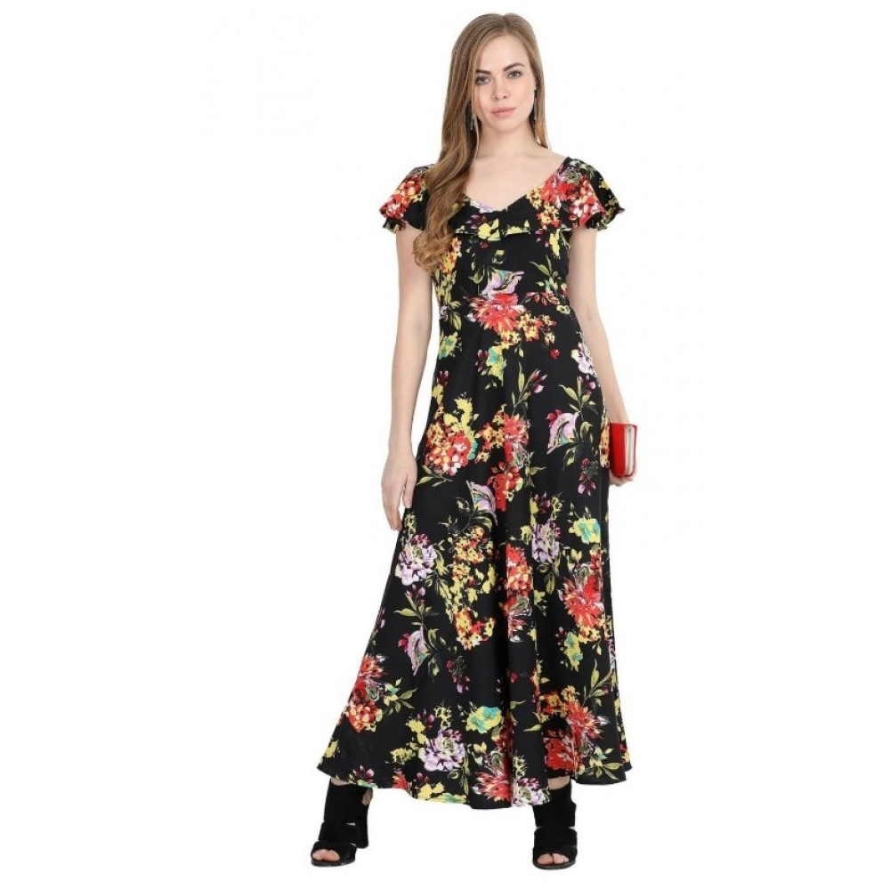 Generic Women's Crepe Floral Half Sleeves Full Length Gown(Black)