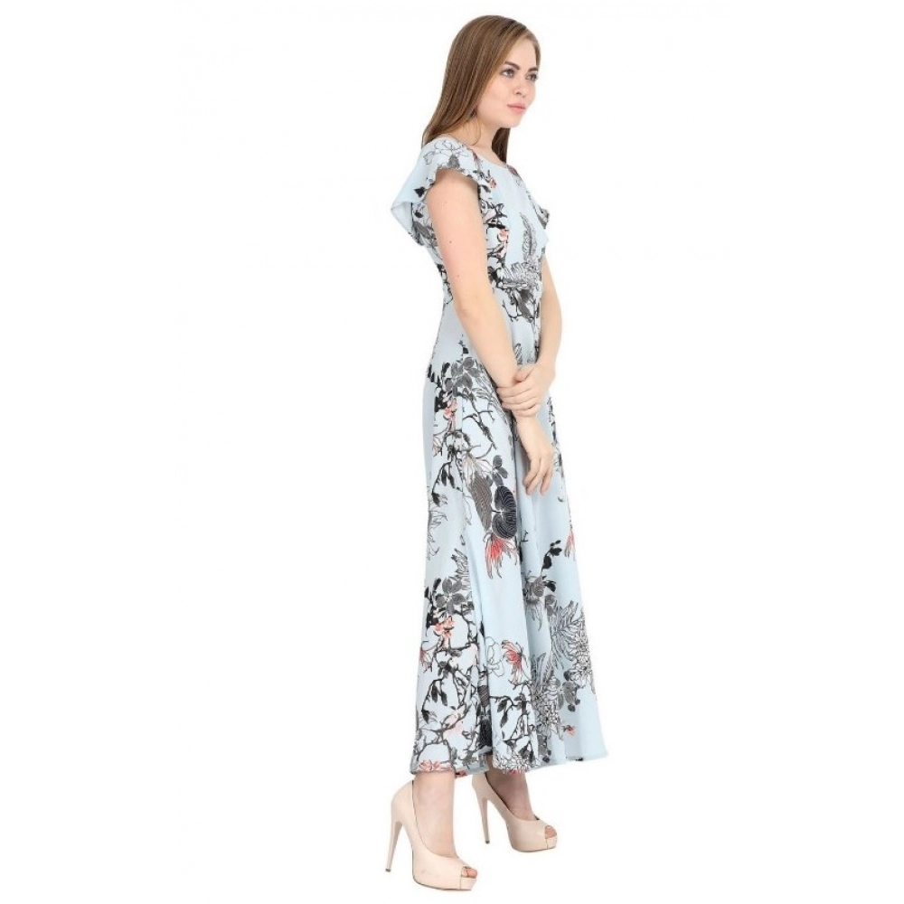 Generic Women's Crepe Floral Half Sleeves Full Length Gown(Blue)
