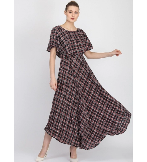 Generic Women's Crepe Checked Half Sleeves Full Length Gown(Multi)