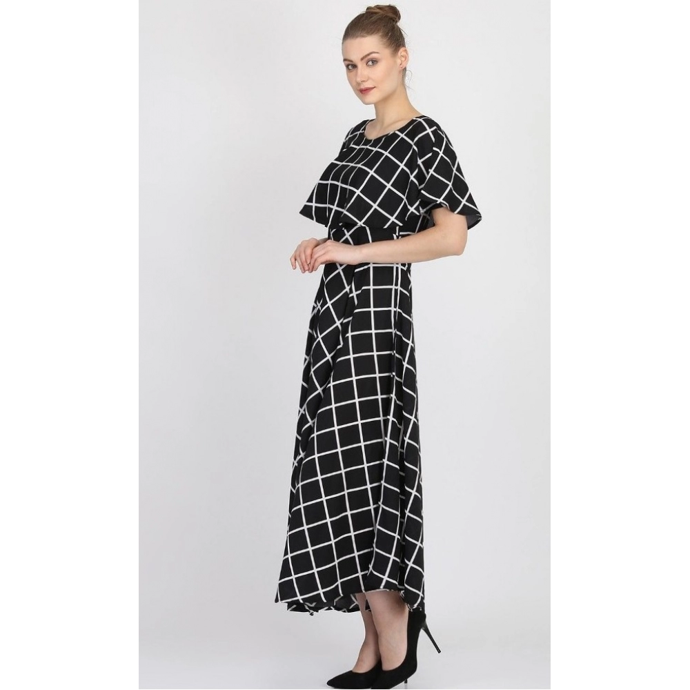 Generic Women's Crepe Checked Half Sleeves Full Length Gown(Black) Generic Women's Crepe Checked Half Sleeves Full Length Gown(Black)