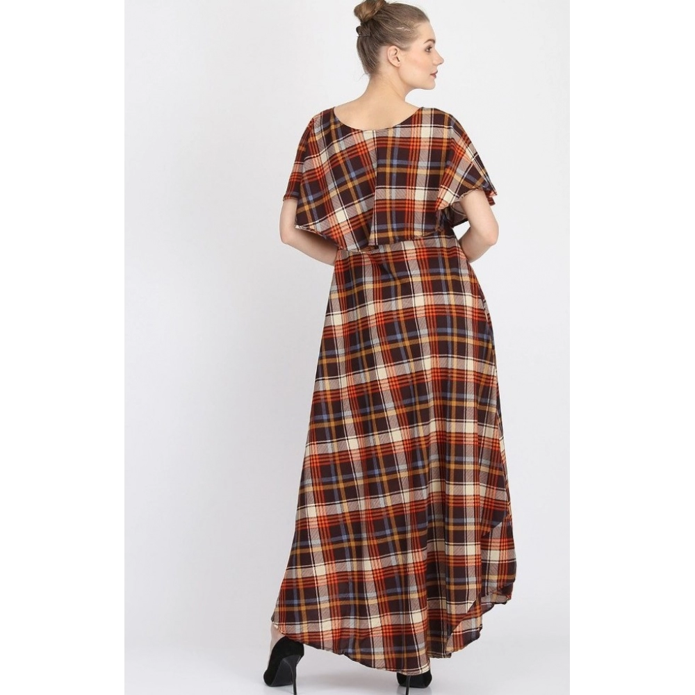 Generic Women's Crepe Checked Half Sleeves Full Length Gown(Multi) Generic Women's Crepe Checked Half Sleeves Full Length Gown(Multi)