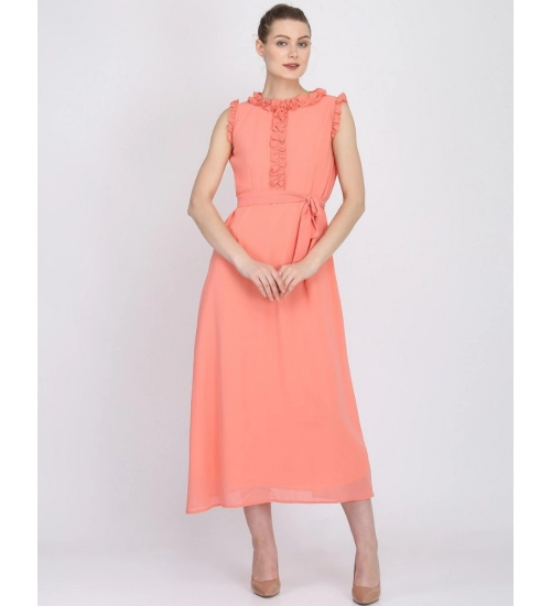 Generic Women's Georgette Solid Sleeveless Full Length Gown(Peach)