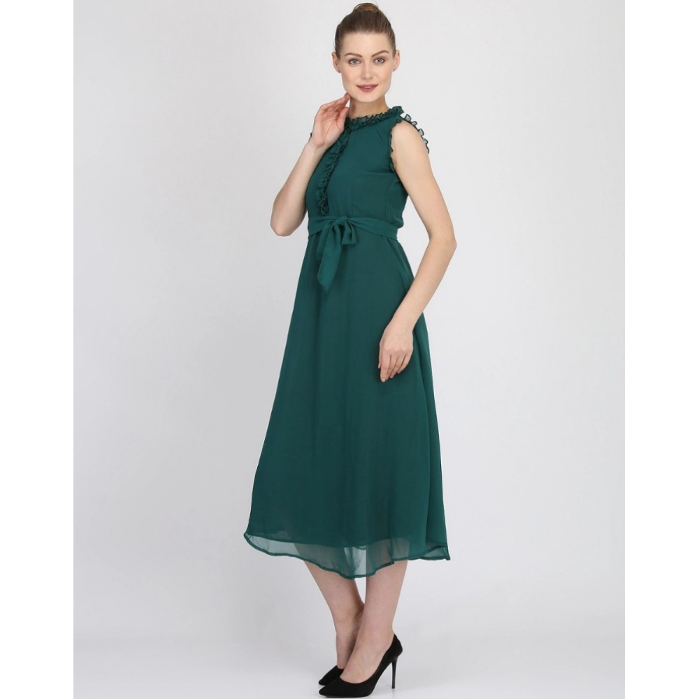 Generic Women's Georgette Solid Sleeveless Full Length Gown(Green)