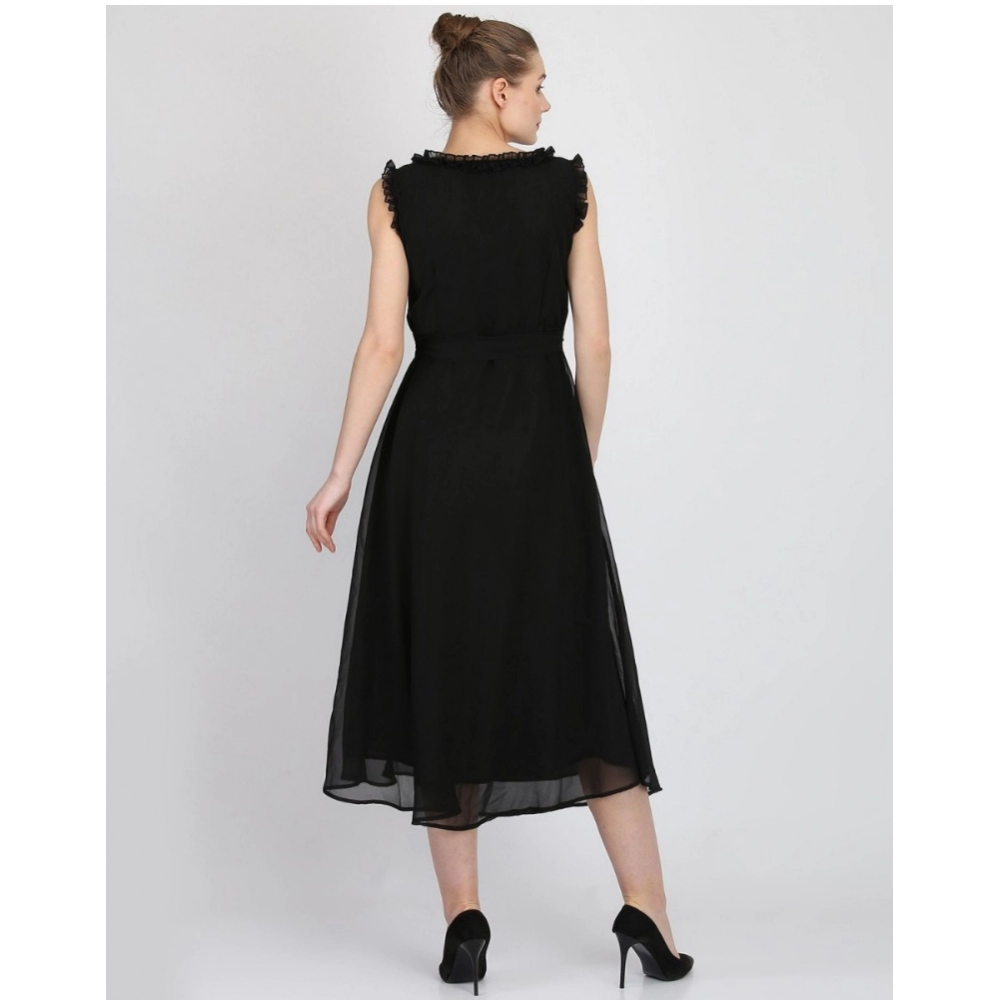 Generic Women's Georgette Solid Sleeveless Full Length Gown(Black)