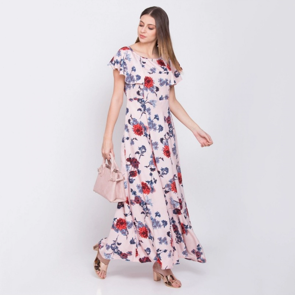 Generic Women's Crepe Floral Sleeveless Full Length Gown(Peach) Generic Women's Crepe Floral Sleeveless Full Length Gown(Peach)