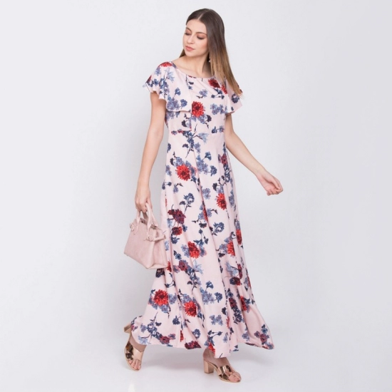 Generic Women's Crepe Floral Sleeveless Full Length Gown(Peach)