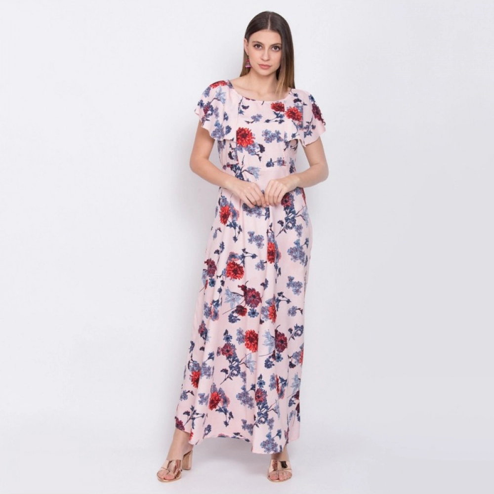 Generic Women's Crepe Floral Sleeveless Full Length Gown(Peach) Generic Women's Crepe Floral Sleeveless Full Length Gown(Peach)