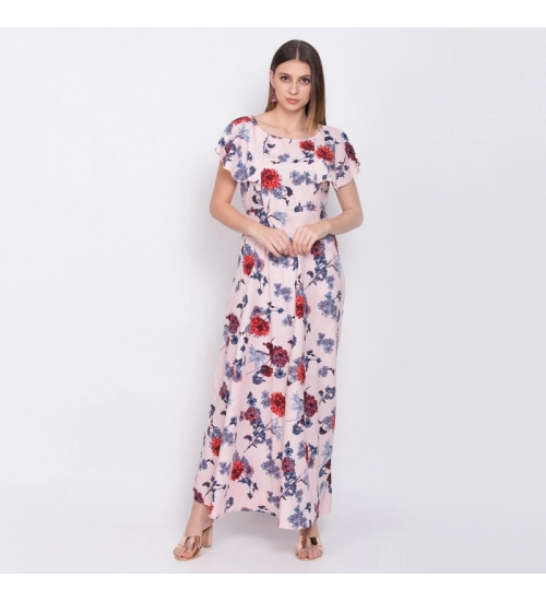 Generic Women's Crepe Floral Sleeveless Full Length Gown(Peach)