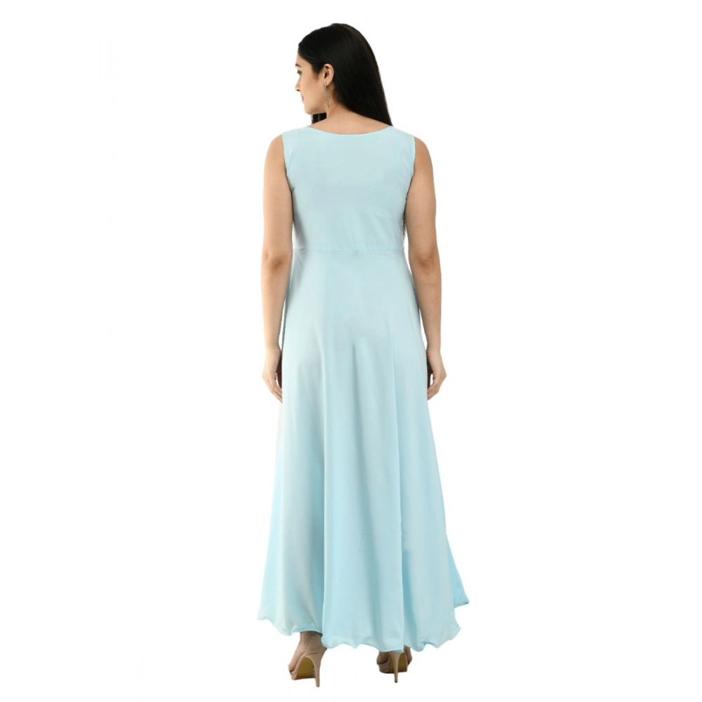 Generic Women's Crepe Solid Sleeveless Full Length Gown(Light Blue)