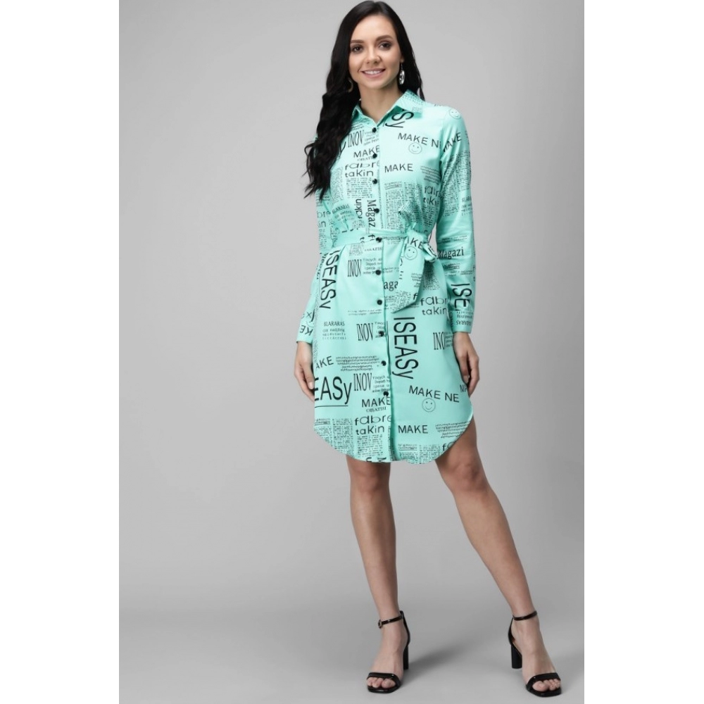 Generic Women's Crepe Paper Print Full Sleeve Short Tops(Blue)