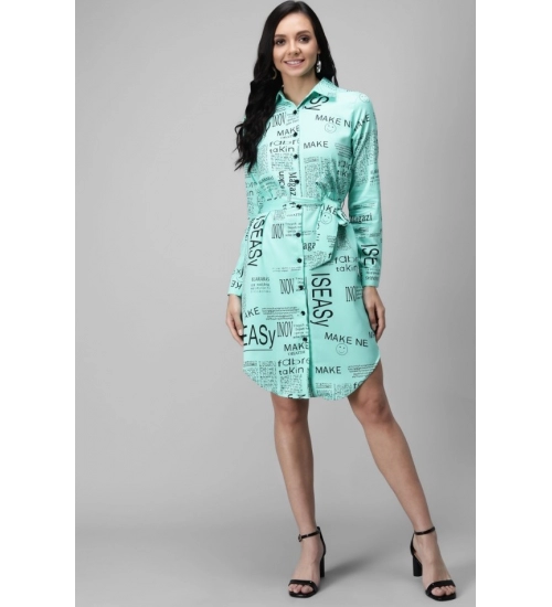 Generic Women's Crepe Paper Print Full Sleeve Short Tops(Blue)