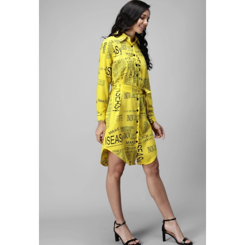 Generic Women's Crepe Paper Print Full Sleeve Short Tops(Yellow)