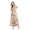 Generic Women's Crepe Floral Half Sleeves Full Length Gown(Beige)
