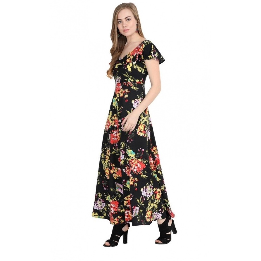 Generic Women's Crepe Floral Half Sleeves Full Length Gown(Black)