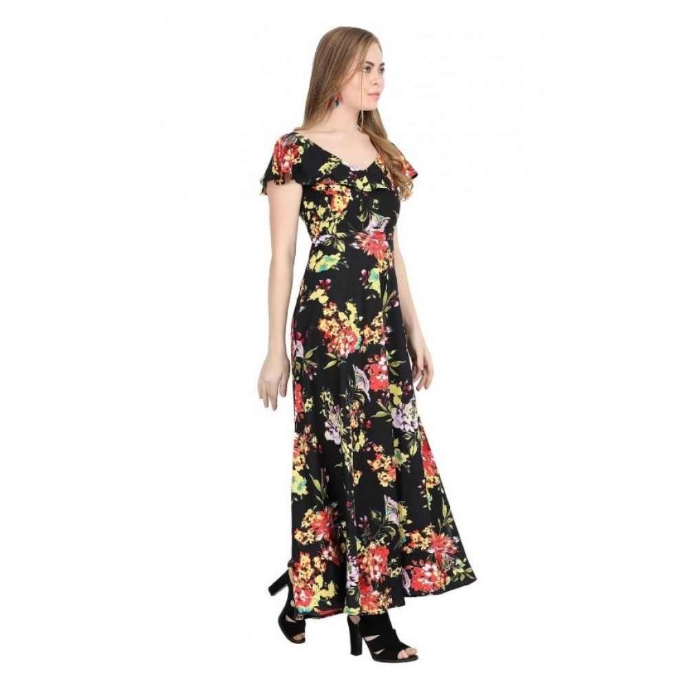 Generic Women's Crepe Floral Half Sleeves Full Length Gown(Black)