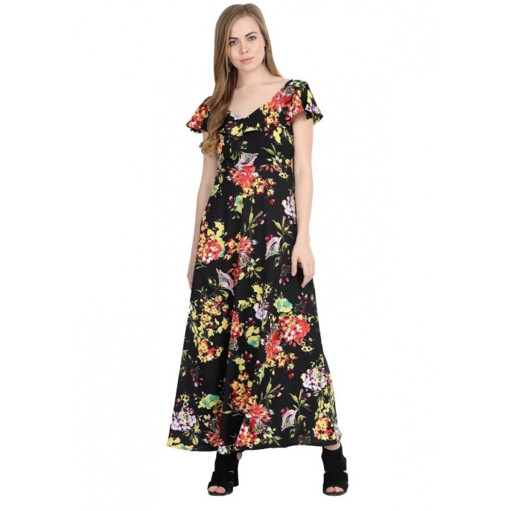 Generic Women's Crepe Floral Half Sleeves Full Length Gown(Black)