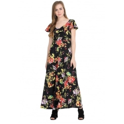 Generic Women's Crepe Floral Half Sleeves Full Length Gown(Black)
