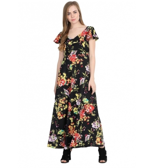 Generic Women's Crepe Floral Half Sleeves Full Length Gown(Black)