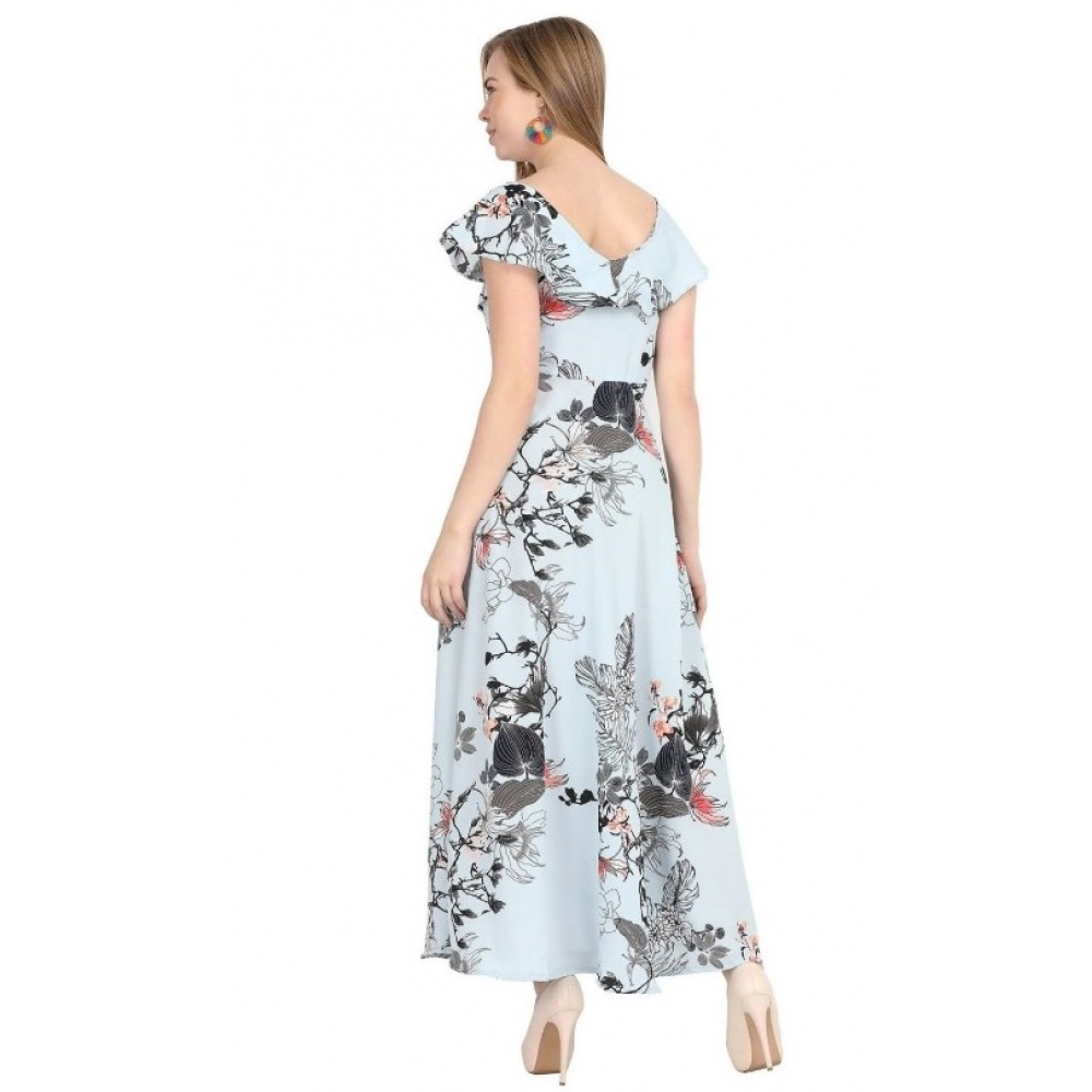 Generic Women's Crepe Floral Half Sleeves Full Length Gown(Blue)