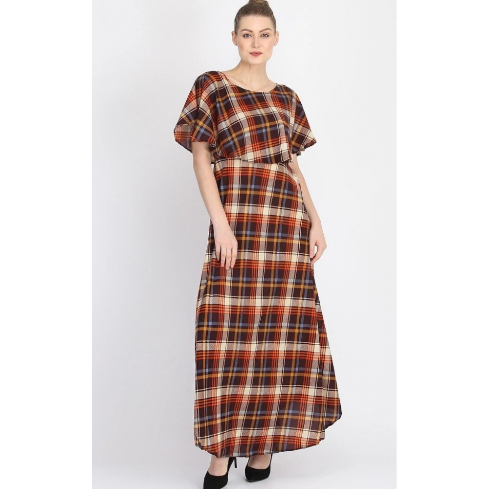 Generic Women's Crepe Checked Half Sleeves Full Length Gown(Multi) Generic Women's Crepe Checked Half Sleeves Full Length Gown(Multi)