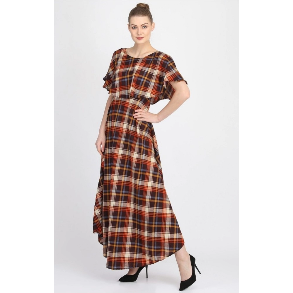 Generic Women's Crepe Checked Half Sleeves Full Length Gown(Multi) Generic Women's Crepe Checked Half Sleeves Full Length Gown(Multi)
