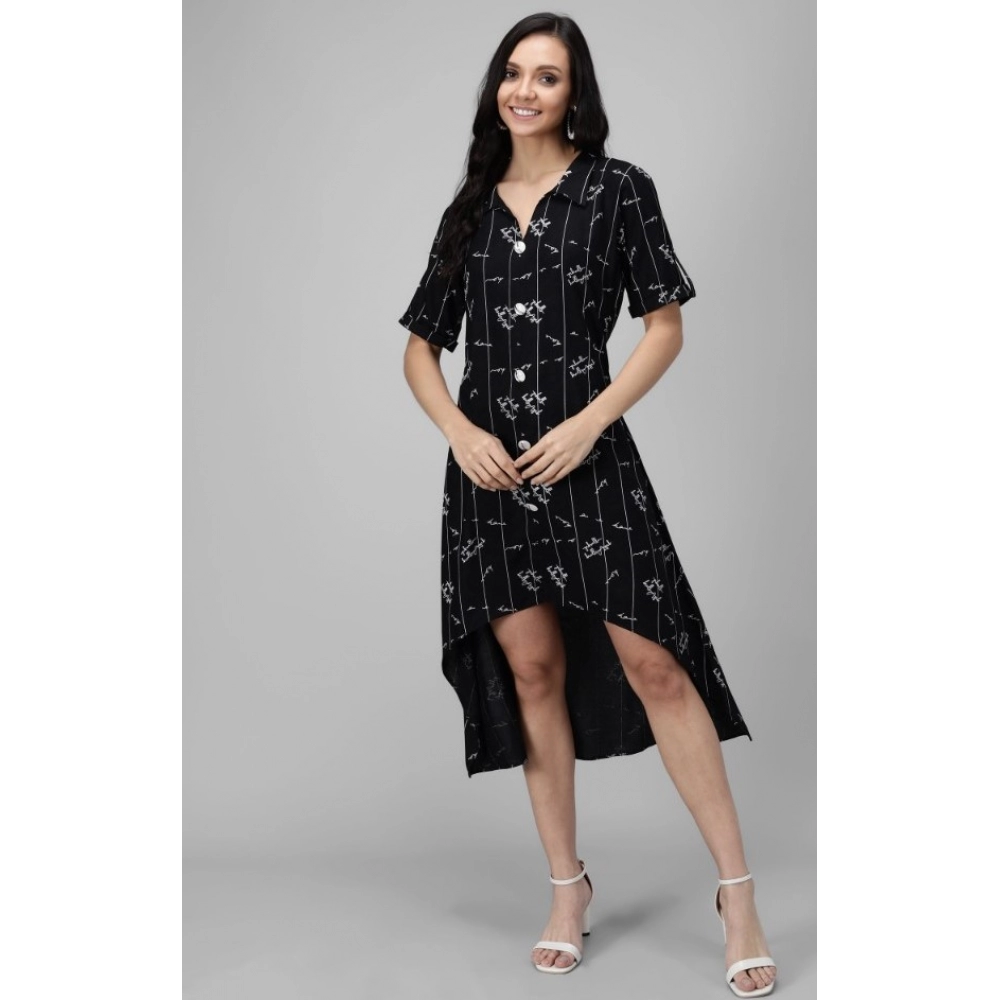 Generic Women's Rayon Printed Half Sleeve Short Tops(Black)