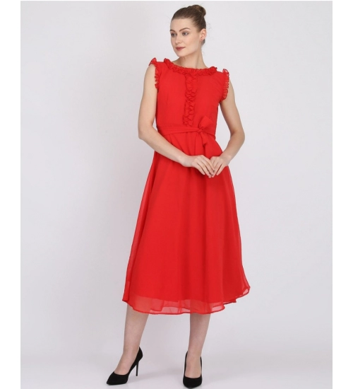 Generic Women's Georgette Solid Sleeveless Full Length Gown(Red)