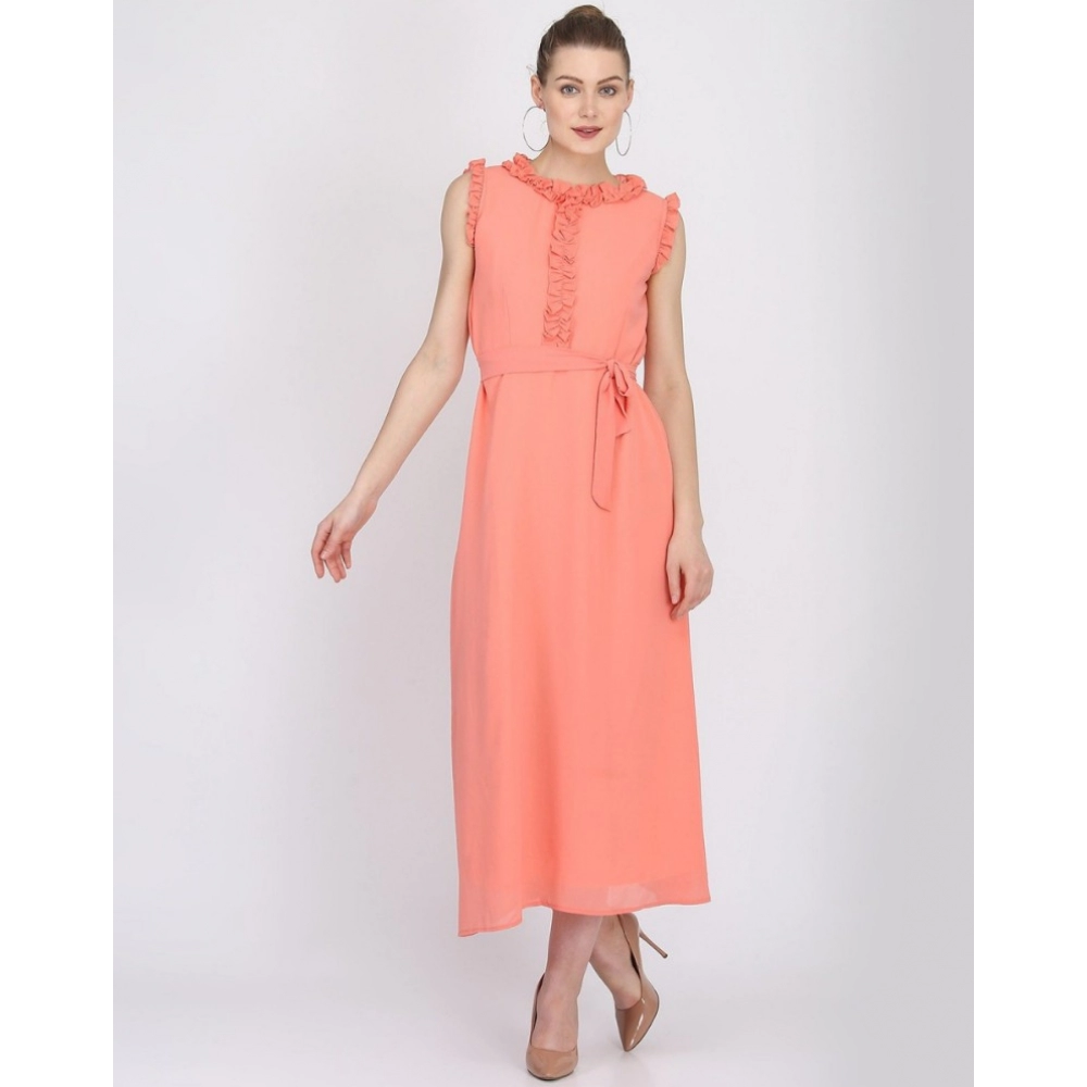 Generic Women's Georgette Solid Sleeveless Full Length Gown(Peach) Generic Women's Georgette Solid Sleeveless Full Length Gown(Peach)
