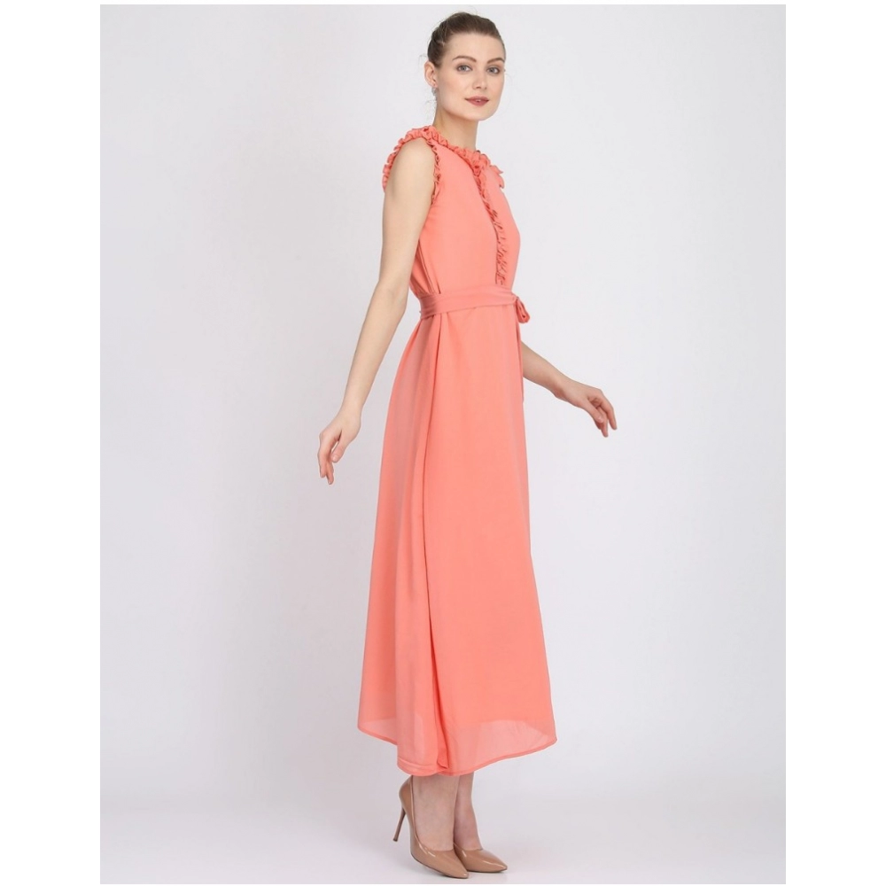 Generic Women's Georgette Solid Sleeveless Full Length Gown(Peach) Generic Women's Georgette Solid Sleeveless Full Length Gown(Peach)