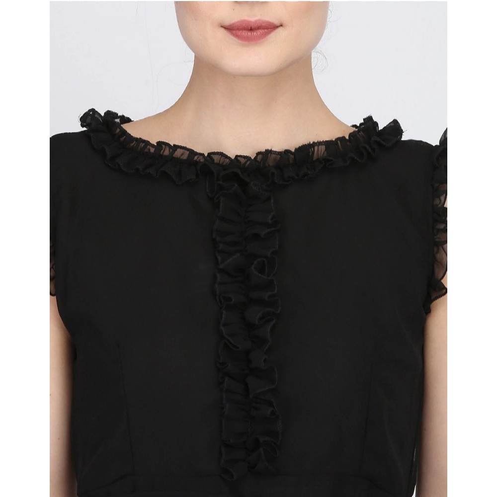 Generic Women's Georgette Solid Sleeveless Full Length Gown(Black)