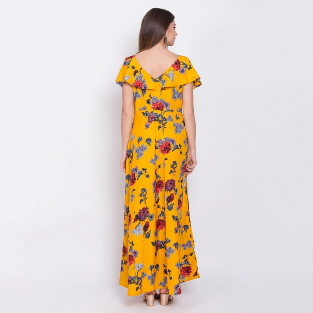 Generic Women's Crepe Floral Sleeveless Full Length Gown(Yellow)
