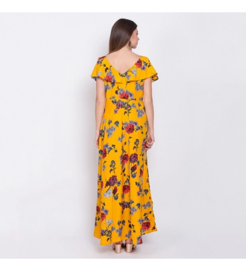 Generic Women's Crepe Floral Sleeveless Full Length Gown(Yellow)